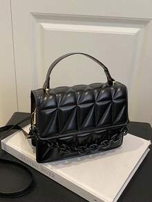 Pleated Quilted Diamond Chain Crossbody Bag - Black - View 3