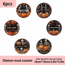 Set de 1/4/6 piezas: Posavasos de barro de diatomeas con estampado de calabaza de Halloween, posavasos de café con motivos florales, decoración multiusos para el hogar y restaurantes, regalos diarios, decoración de mesa, decoración temática para fiestas