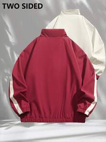 Men's Jacket, Autumn/Winter Men's Stand Collar Windbreaker Reversible Jacket, Color Block Casual Jacket, Campus Style Outerwear - Red - View 2