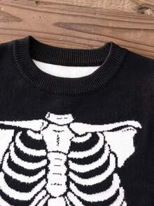 Young Boy Street Style Halloween Skeleton Pattern Knit Pullover Sweater, Suitable For Halloween, Spring, Autumn And Winter - Black - View 4