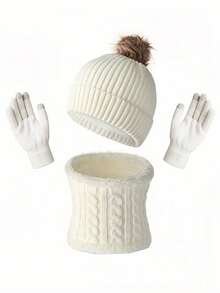 Set de 3 piezas de guantes forrados de lana tejida, gorro y bufanda, perfectos para el clima frío. Accesorios de invierno, regalos de San Valentín, verano, playa - Multicolor - Ver 3