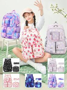 3 件套草莓女孩背包套装，适合初中和高中，粉色大容量书包，带午餐袋和铅笔盒，轻巧多口袋背包可容纳 15.6 英寸笔记本电脑 - 适合少女、学校、旅行和返校季的必备品 - 休閒3件套裝 - 查看 4
