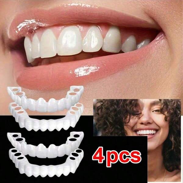 4 peças de dentaduras brancas - dentaduras superiores e inferiores ajustáveis para homens e mulheres, ajuste confortável e sorriso natural, adequadas para Halloween e Natal