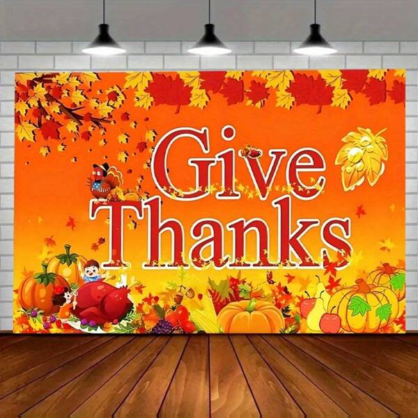 Fondo plano 2D para fiesta de Acción de Gracias - Diseño de cosecha de otoño con calabaza y hojas de otoño con texto "Agradecido", perfecto para decoración de cumpleaños, boda, fiesta festiva, uso interior/exterior