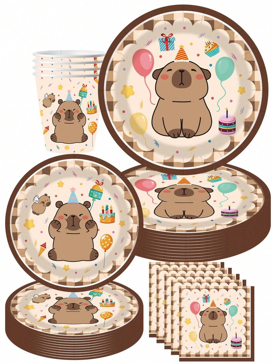 Juego desechable de vajilla con diseño de capibara de dibujos animados - 10 piezas, platos de 7/9 pulgadas, vasos de 9 onzas y servilletas - Multicolor - Ver 1