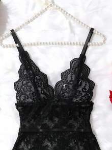 情趣内衣女镂空性感修身印花蝴蝶结蕾丝吊带裙睡裙情趣内衣睡衣性感内衣服装情趣内衣裙 - 黑色 - 查看 4