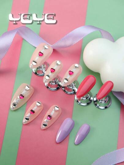 Upgrade Your Look With 10pcs Fake Nails Almond Medium,Solid Color,Red,Purple,Nude Pink As The Base Color,Decoration Colorful Rhinestone Decor,Minimalist Full Coverage Fake Nails Press On Handmade,Nail Supplies Suitable For Women And Girls With 1pc Mini Nail File & 1 Sheet Adhesive Tabs,Summer Nail Art Suitable For Women And Girls, Ideal For Parties, Festivals And Daily Wear