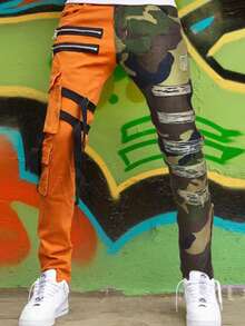 Men's Color Block Jeans, Fashionable Cargo Denim Pants, Multi-Pocket Zipper Slim Fit Camouflage Skinny Jeans