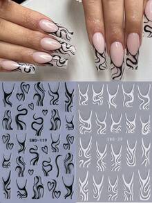 2 件法式黑白 5D 亚克力指甲贴纸线条心形涂鸦美甲图案法式漩涡 DIY 自粘 5D 浮雕图案美甲装饰用品适合女士女孩 - 黑與白 - 查看 2
