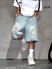 男士轻洗破洞牛仔短裤，休闲宽松中长短裤，2025新款破洞牛仔短裤 - 淺色水洗藍 - 查看 5