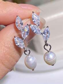 1 对女士时尚叶子和珍珠吊坠耳环，优雅锆石叶子珍珠吊坠耳环，送给她的珠宝礼物 - 珍珠 - 查看 9