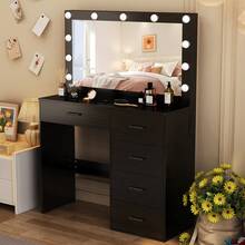 Black Makeup Vanity Table With Led Lighted Mirror Dressing Set , 5 Drawers, Large Lighted Mirror & LED Bulbs, 3 Color Lighting Modes & Dimmable, Girls Dressing Table With Led Mirror For Bedroom - Black