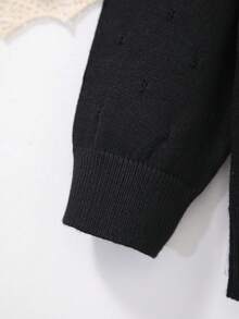 Girls' Solid Color Knit Cardigan, Elegant Hollow Pattern Design, Versatile For Home, Outings Or Eid Al-Adha Gift - Black - View 3
