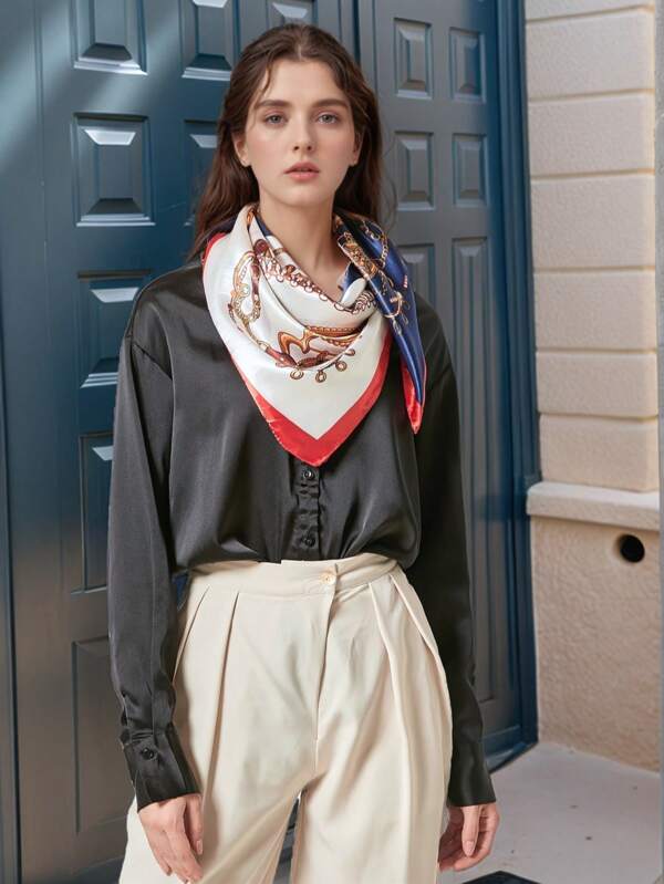 1pc New Metal Chain 90cm Silk-Like Square Scarf, Women Casual Streetwear Neckerchief, Versatile Gift For All Seasons