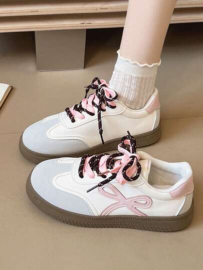 Cute Butterfly Print Colorblock Preppy Style Bowknot Double Lace-Up Soft, Lightweight, Non-Slip Casual Sports Shoes For Women, All Seasons