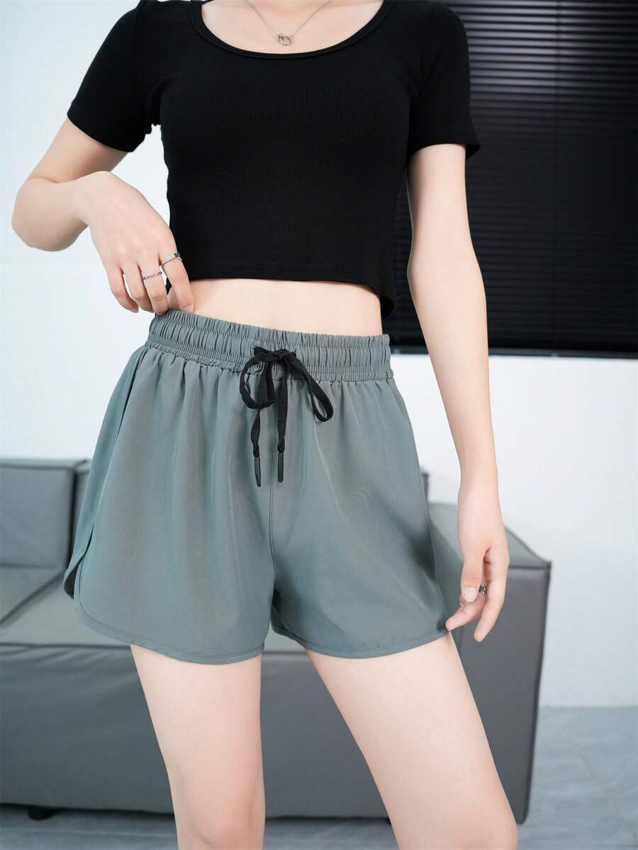 女士运动短裤，新款夏季休闲跑步健身速干短裤 - 深灰色 - 查看 1