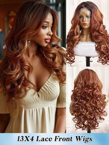 24 英寸多色深波浪长假发万圣节服装假发（棕色）13X4 蕾丝前假发，带婴儿头发合成纤维，日本进口合成纤维耐热假发弹力网帽，适合所有人日常聚会，高品质女士自然美丽合成柔软假纤维头发圣诞节音乐节母亲节父亲节情人节