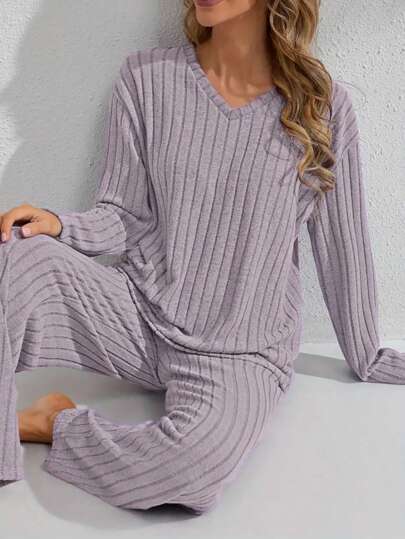 Women's Autumn/Winter Loose Ribbed V-Neck Long Sleeve Top And Pants Pajama Set, Casual Homewear