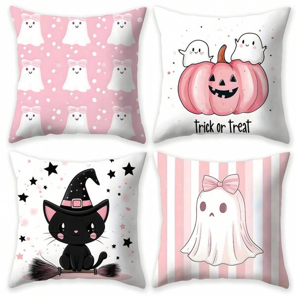 1 Stück Kissenbezug mit niedlichem Halloween Geist Motiv, Schleifen-Geist, rosa Kürbis, niedliches schwarzes Katzen Muster, geeignet als Festivaldekor Kissen Set, Kissenschoner für Zimmer Dekoration, Halloween Dekorationen, Halloween Geschenke und Party Zubehör, Halloween Zimmer Deko
