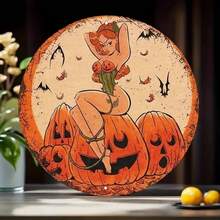 8-Inch Vintage Halloween Metal Decorative Plaque - Witch And Pumpkin Lantern Theme - Multipurpose Holiday Decor For Home, Office, Bar, Man Cave - Retro Style Wall Art, Random Hole Positions