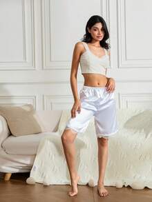 Xsylife Women Plus Size Midi Pyjama Bottoms Silk Satin Pajamas Short Pants Soft Half Lace Sleep Nightwear Sleepwear Trousers - 白色 - 查看 6
