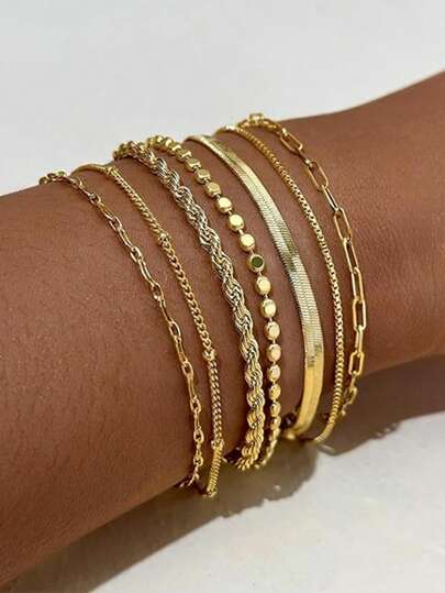5/7pcs Fashionable Minimalist Women Metal Layered Bracelet Set, Elegant Versatile Jewelry For Daily Wear