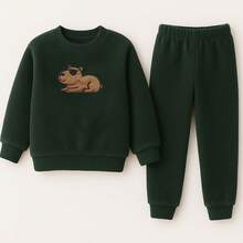 Children's Winter Set In Plush Ultra Soft Coat + Pants Various Fun Themes - Army Green - View 1