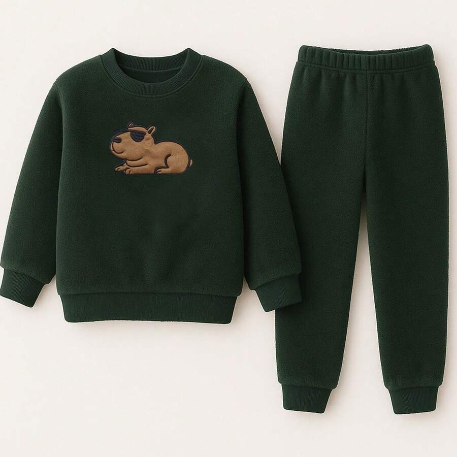 Children's Winter Set In Plush Ultra Soft Coat + Pants Various Fun Themes - Army Green - View 1