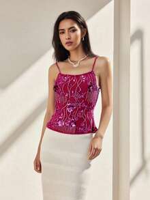 Women Summer Camisole Casual Sequin Embroidery Tie Up Backless Spaghetti Straps Tank Tops Sleeveless T-Shirt - 玫紅色 - 查看 4