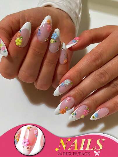 24 PIEZAS Uñas postizas de almendra larga con puntas francesas blancas, adornos de flores 3D y strass, juego de arte de uñas floral con acabado brillante para mujeres, fiestas, festivales y uso diario; fácil aplicación, ajuste cómodo, incluye pegamento de gel y lima de uñas