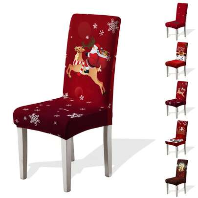 1/4/6/100 件圣诞印花弹力椅套，卡通节日装饰防尘椅套