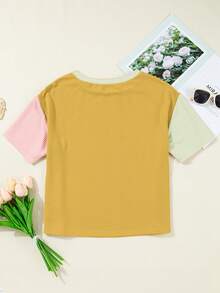 Women's Colorblock Textured Striped Crew Neck Casual Short Sleeve T-Shirt, Summer - Yellow - View 2