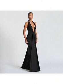 New Solid Color Elegant Neck Deep V Waist Long Dress Sexy Backless Streamer Fishtail Dress - 黑色 - 查看 4
