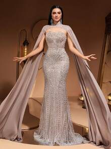 New Luxury High-End Elegant Women's Mermaid Tail Lace Patchwork Chiffon Flare Sleeve Floor Length Dress, Suitable For Formal Evening Party, Gala, Wedding Guest, Red Carpet Events, Bridal Gown, For Valentine's Day - 杏色 - 查看 1