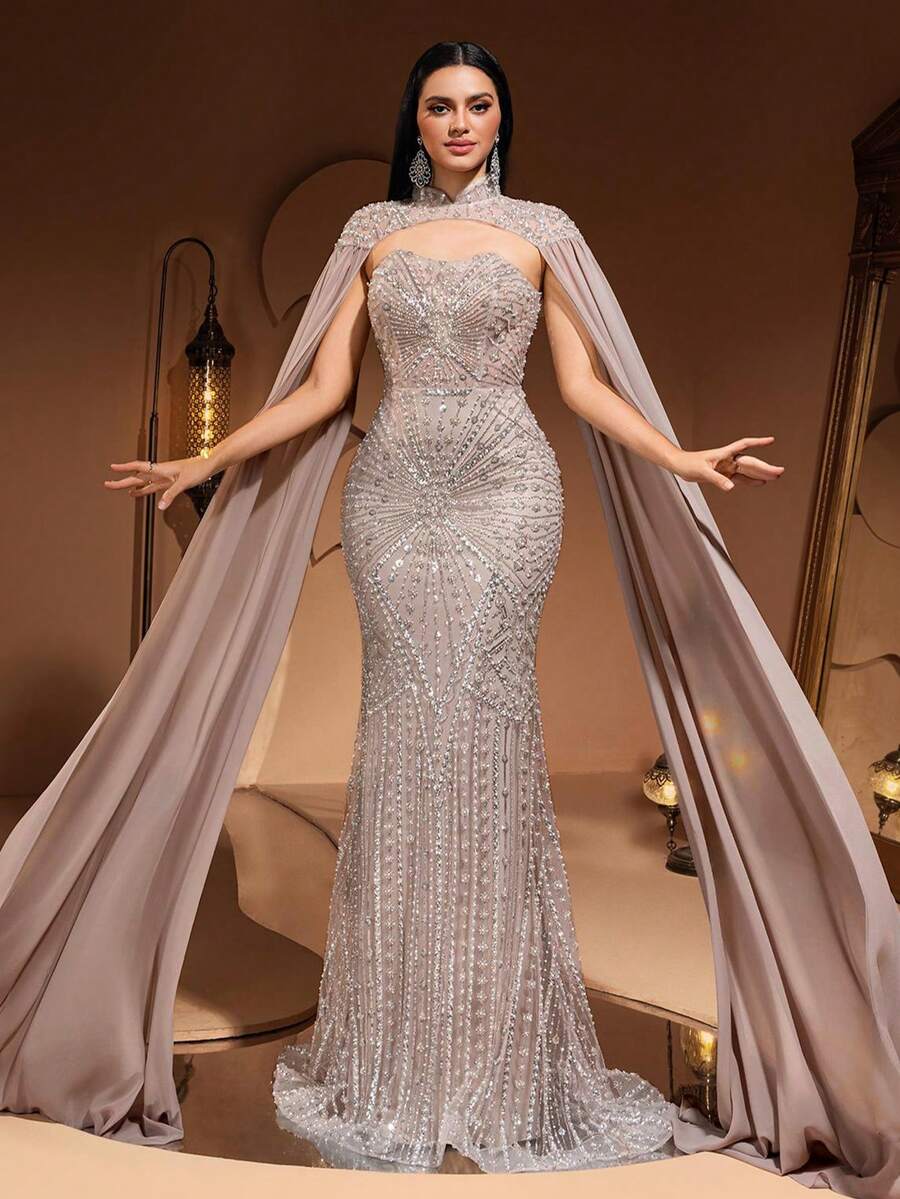 New Luxury High-End Elegant Women's Mermaid Tail Lace Patchwork Chiffon Flare Sleeve Floor Length Dress, Suitable For Formal Evening Party, Gala, Wedding Guest, Red Carpet Events, Bridal Gown, For Valentine's Day - 杏色 - 查看 1