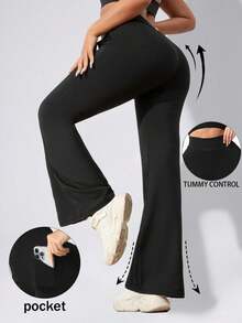 2 件女式口袋瑜伽裤高腰无缝喇叭腿紧身裤健身房收腹高弹透气运动裤户外纯色束腰健身阔腿裤 - 彩色 - 查看 8