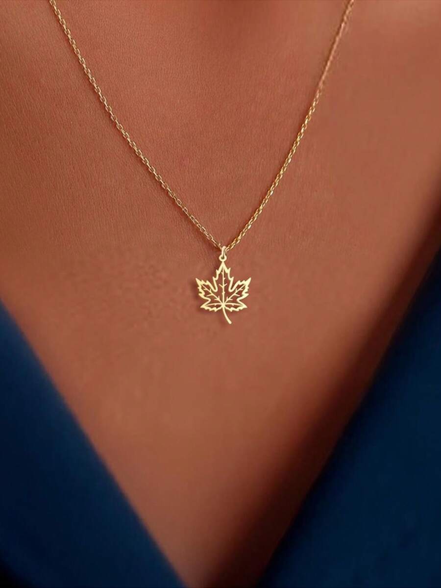 suteyi 极简主义叶子项链，枫叶吊坠，自然风格珠宝 - 不锈钢枫叶镂空项链 - 彩色 - 查看 1