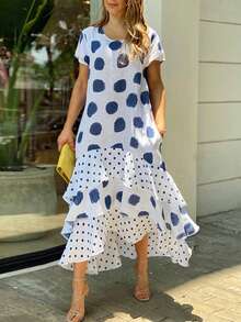 Plus Size Women's Irregular Polka Dot Ruffle Hem Double Pocket Short Sleeve Dress - Màu xanh lam - Xem 1