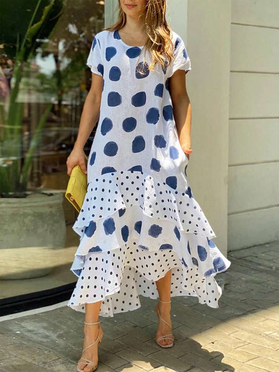 Plus Size Women's Irregular Polka Dot Ruffle Hem Double Pocket Short Sleeve Dress - Màu xanh lam - Xem 1