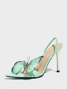 女士高跟凉鞋,时尚高端精致尖头凉鞋,带有 3D 彩虹蝴蝶装饰,舒适的纯色面料,性感裸色系带,适合户外、派对、T 台,优雅简约独特迷人奢华性感绿色高跟凉鞋, - 碧綠色 - 查看 6