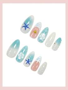 24pcs Medium Almond Shaped Nail Stickers, Blue Ombre, Icy Blue Floral Pattern, Starfish & Shell Decor, Glossy Finish, Full Coverage, Summer Nails, Everyday Wear - Blue - View 3