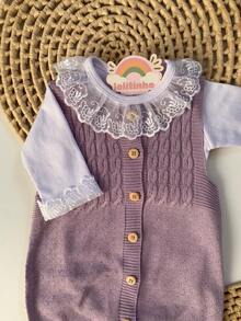 Ema Button Knit Set Girl Bodysuit Overalls Baby Romper - 紫丁香色 - 查看 2