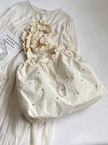 1 件女士大容量单肩托特包，带大口袋 - 米色 - 查看 4