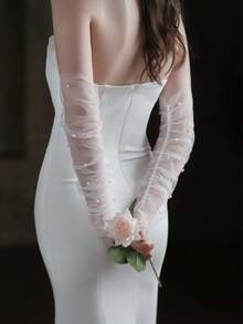 1 Pair Minimalist White Pearl Long Bridal Arm Sleeve, Wedding Party Evening Gown Accessory Autumn Accessories