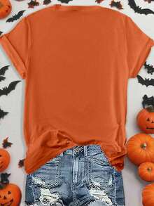 Halloween Pumpkin Graphic Orange T-Shirt, Round Neck Short Sleeve Casual Tee For Women - Orange - View 3