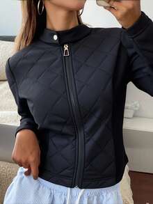 Livesso 女士纽扣立领拉链口袋街头时尚修身棉服外套，冬季女装，冬季外套女夹克 - 黑色 - 查看 1