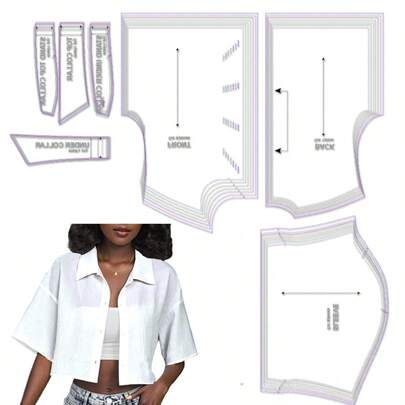 Schnittmuster für Crop Shirt in verschiedenen Größen, 1:1 Maßstab Grundschnittmuster für Damenoberbekleidung, Schnittmuster für Anfänger und Schnittmuster, Vorlagen für Bekleidungsherstellung, handgemachte Bekleidungsschnittmuster