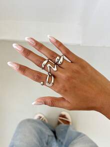 4 件套复古简约金属熔岩水滴不对称时尚个性戒指，适合女性日常、节日、派对、珠宝礼品套装