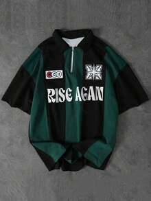 Casual Pullover Short Sleeve Plus Size Polo Shirt For Men, Summer, Letter Print, Striped Color Block, College Style, Plus Size Design - Dark Green - View 1