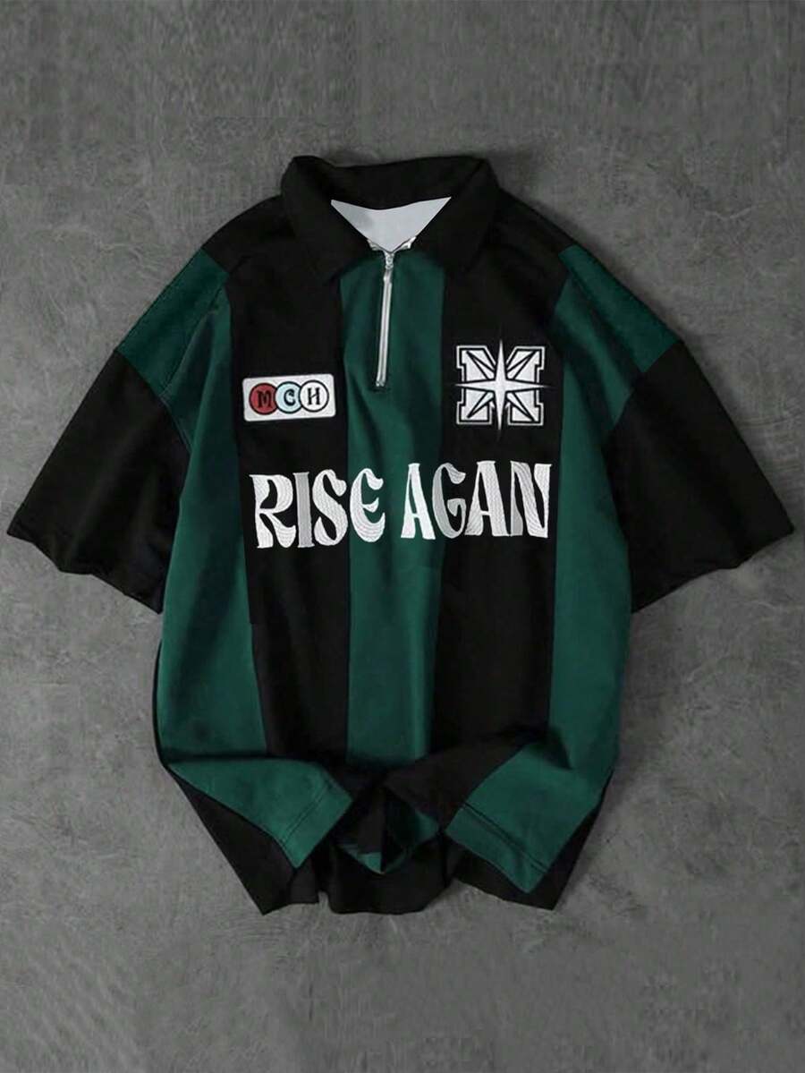 Casual Pullover Short Sleeve Plus Size Polo Shirt For Men, Summer, Letter Print, Striped Color Block, College Style, Plus Size Design - Dark Green - View 1
